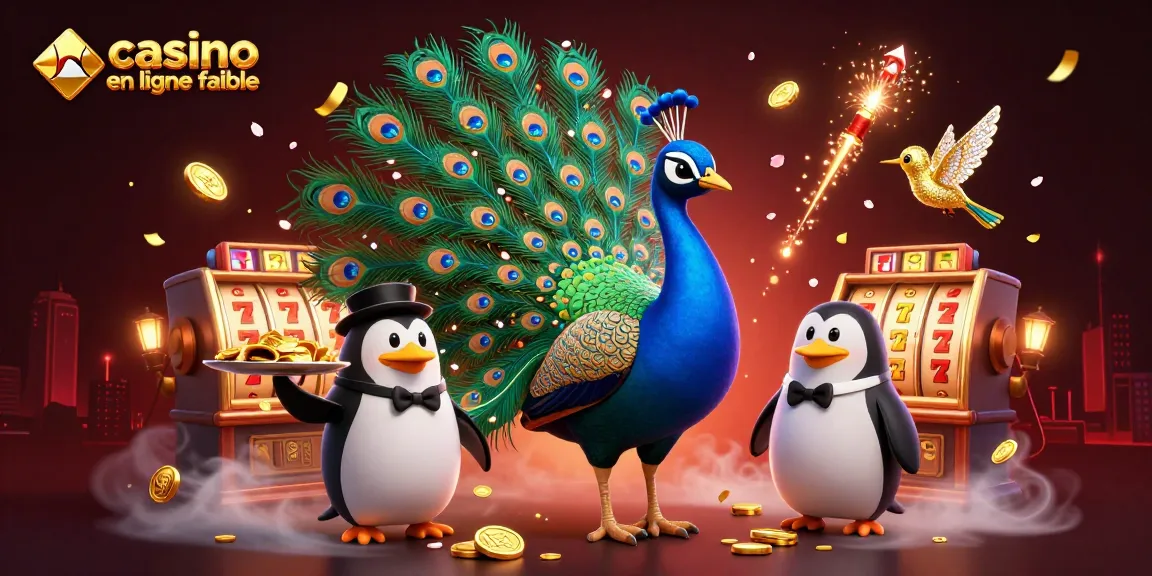 Illustration captivante de casino en ligne fiable avec une élégante mangouste, un pingouin majordome et un colibri, entourés de machines à sous et éléments festifs.