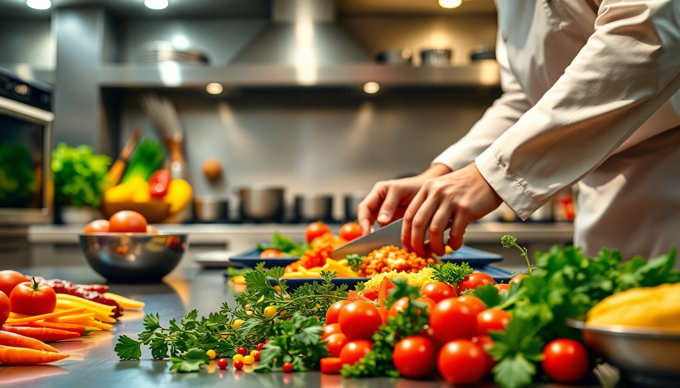 Dishfacts chef skillfully preparing vibrant dishes with fresh ingredients in a modern kitchen.
