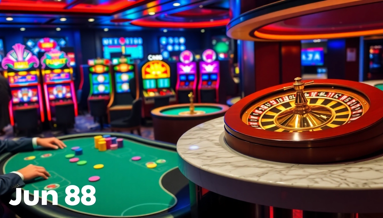 Experience the thrill of Jun 88 with a vibrant scene of online gambling featuring poker chips and an exciting roulette wheel.