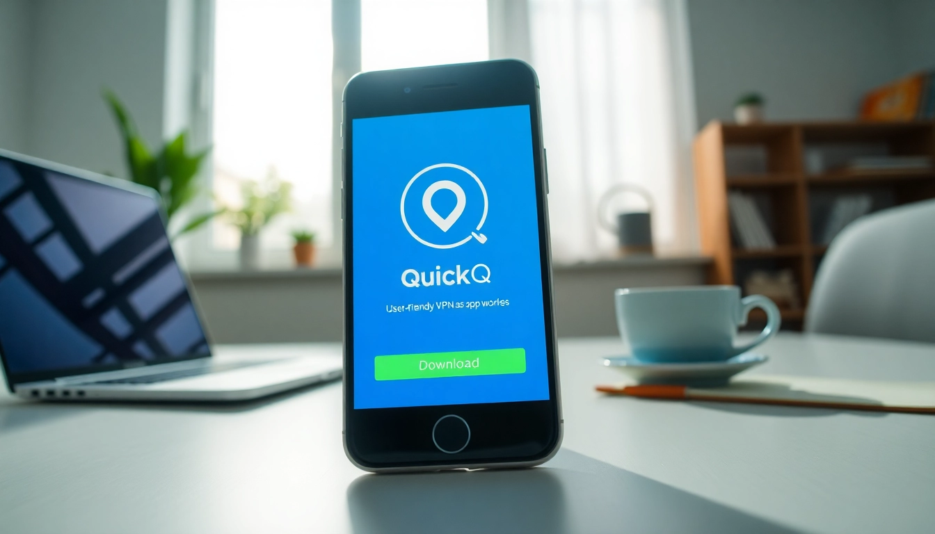QuickQ 下载：在现代家庭办公室的智能手机上探索安全 VPN 界面。