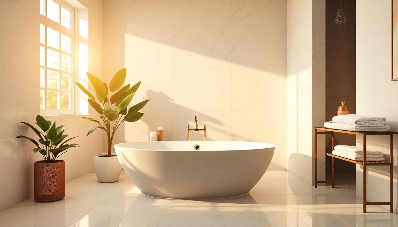 Stunning bathroom remodel near me featuring a modern freestanding bathtub and elegant decor.