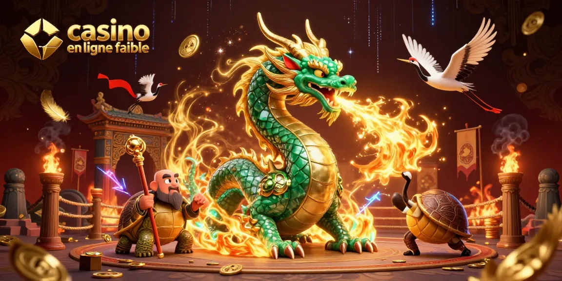 Plongez dans le monde du casino en ligne fiable avec cette illustration captivante d'un dragon et d'une tortue sage.