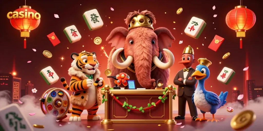 Experience the vibrant casino scene with a woolly mammoth bouncer, saber-tooth VIP, and dodo doorman engaging in casino activities.