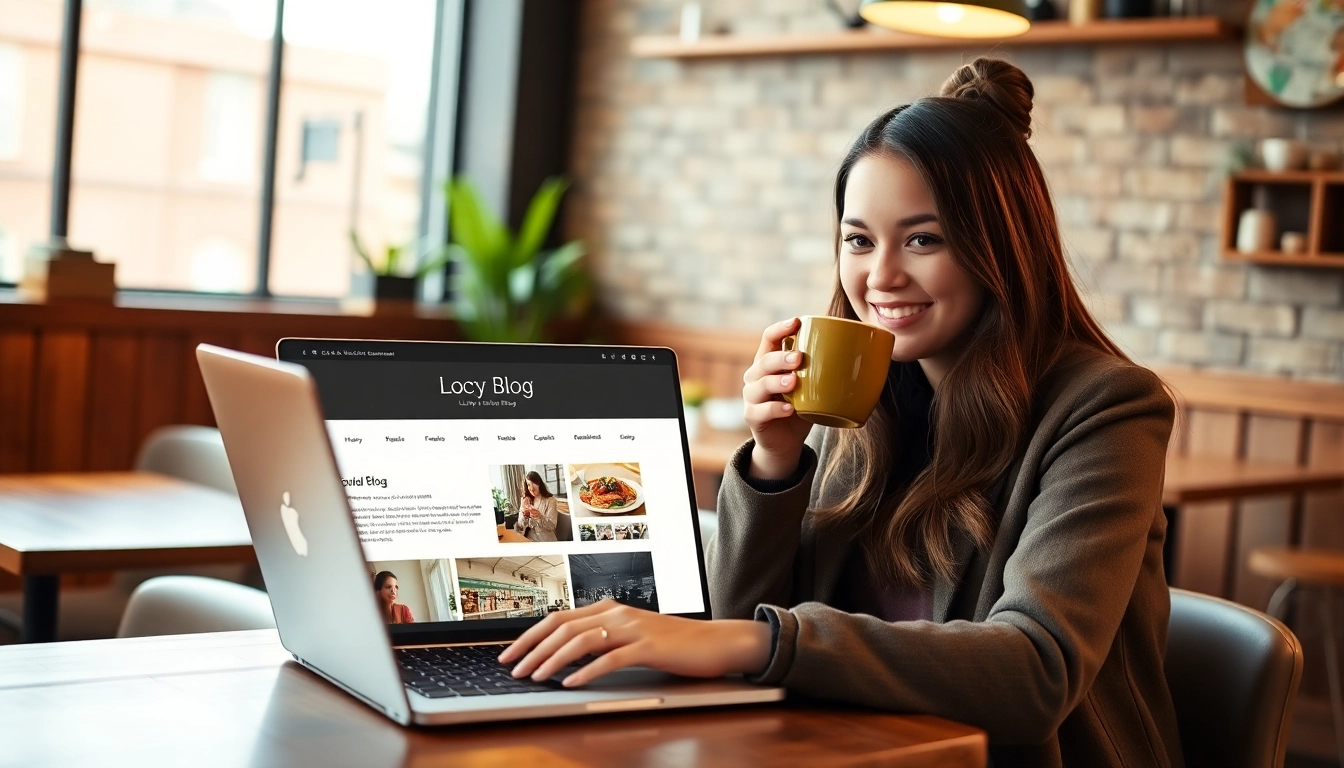 Engaging moment of a lifestyle blogger working on her UK Lifestyle Blog in a cozy café.