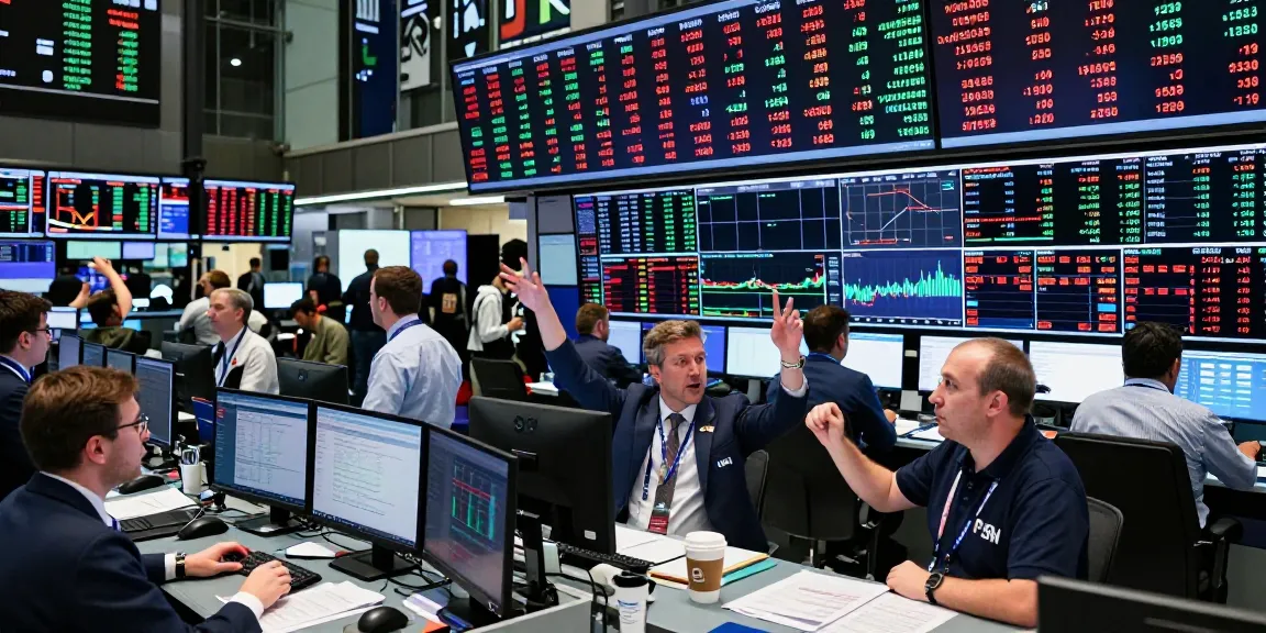 Traders monitoring stock market indices live in a vibrant trading floor atmosphere.