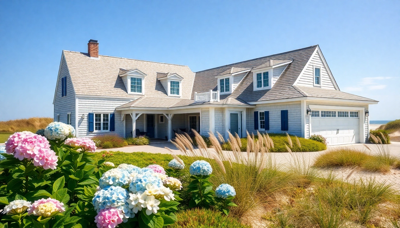 Cape Cod home with a beautifully landscaped yard and attached garage, showcasing coastal elegance.