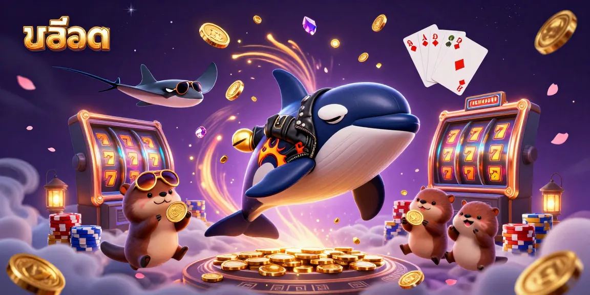 Engage with สล็อต gaming excitement featuring vibrant orca, stingray, and otters in a casino-themed scene.