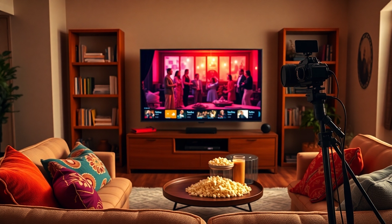 Watch TV series free in a cozy living room with vibrant TV setup.