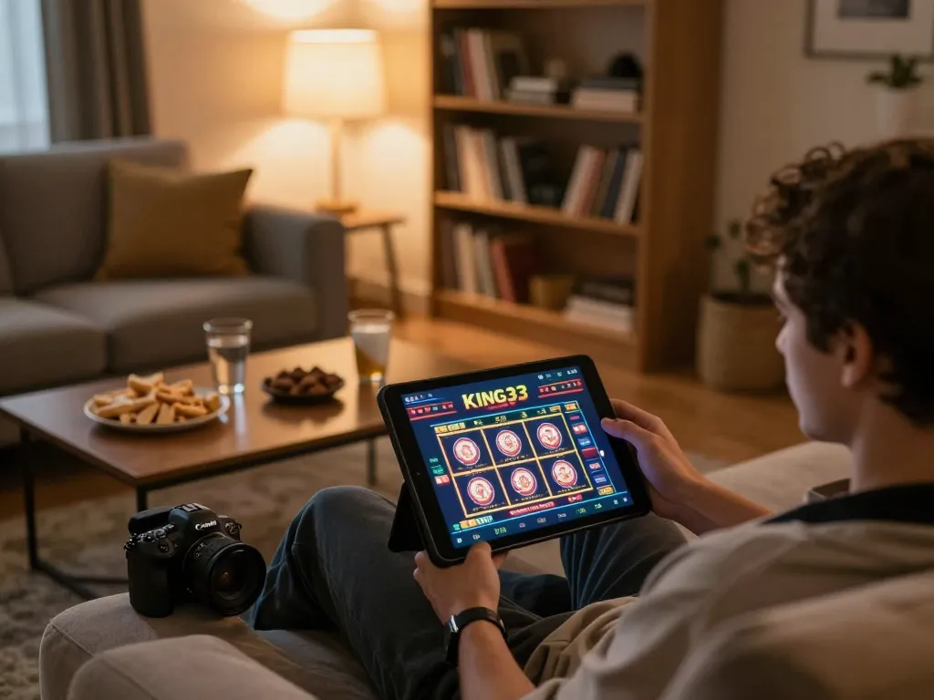 Engaged player exploring King33 casino on a tablet in a cozy home environment