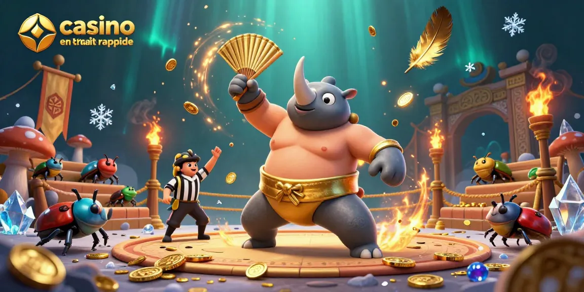 Illustration dynamique de casino en ligne retrait rapide avec un scarabée rhinocéros sumo, volatilité des pièces d'or et des effets de lumière.