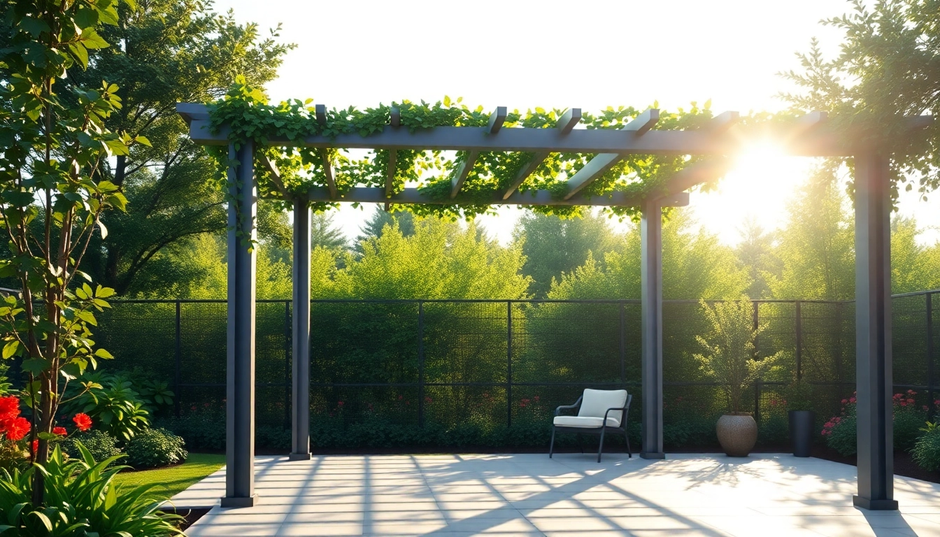 Modern steel pergola creating a beautiful outdoor space with lush greenery and sunlight.
