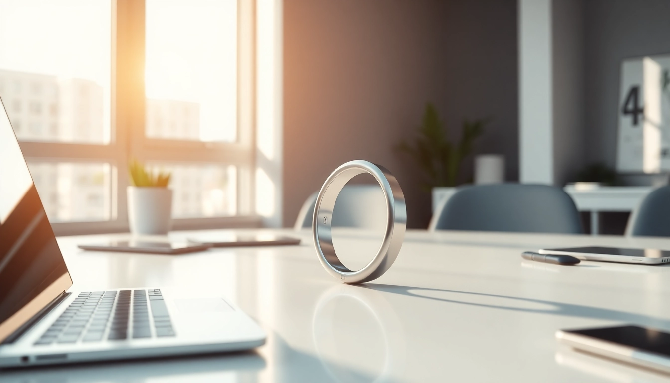 Showcasing the Ringconn wearable device on a modern workspace desk with tech gadgets.