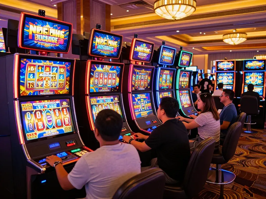 Engaged players enjoying the excitement of slot server kamboja machines at a vibrant casino