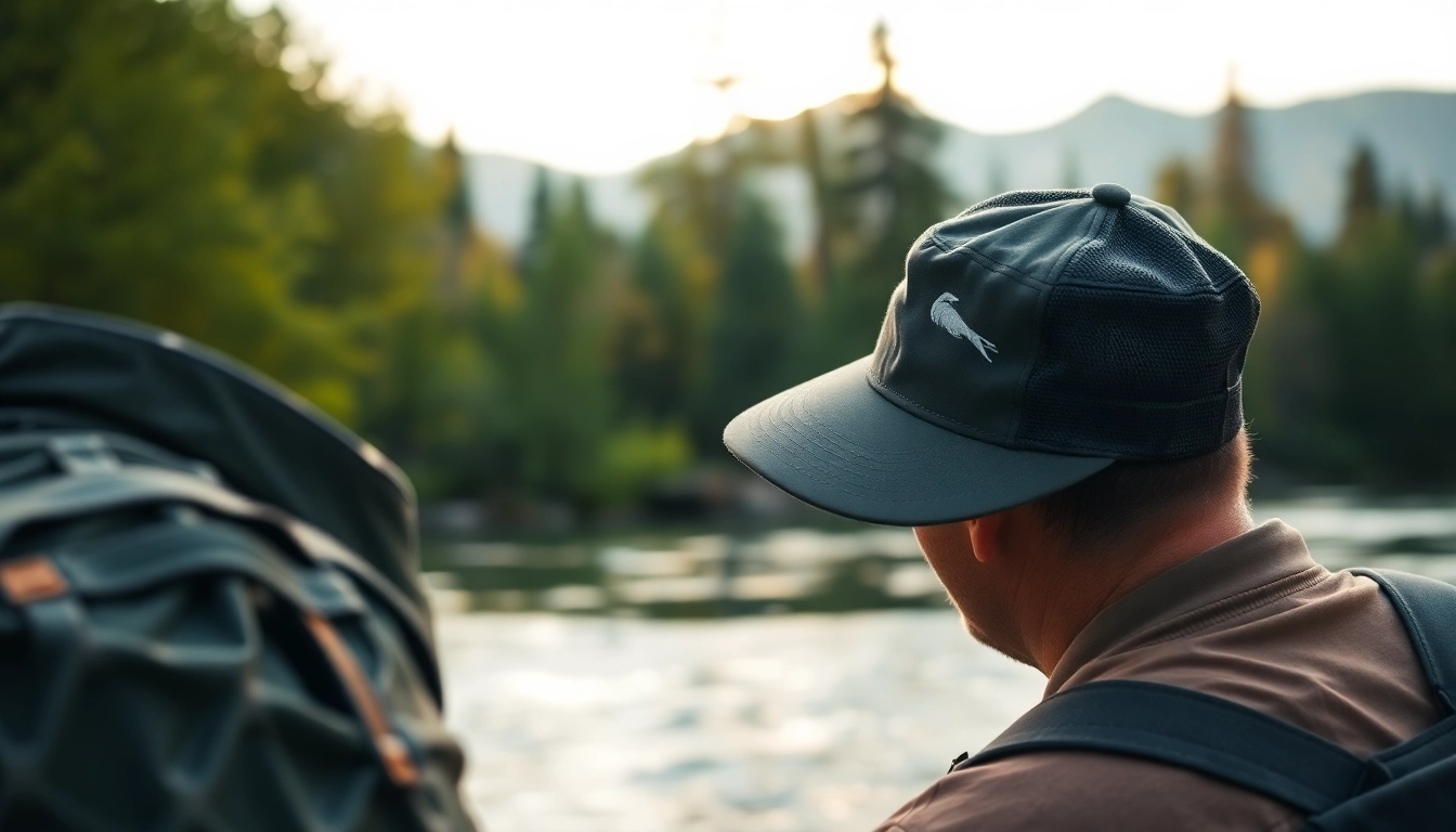 Angler showcasing a fly fishing hat near a river, highlighting the hat's unique design.