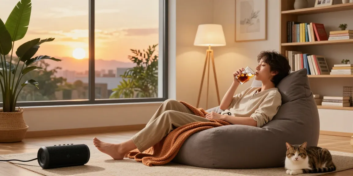 Motchill relaxation scene with a person enjoying a cozy afternoon in a modern living room