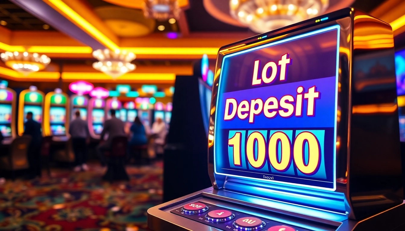 Rasakan kegembiraan dengan mesin slot yang menampilkan Slot Deposit 1000 dalam suasana kasino yang hidup.