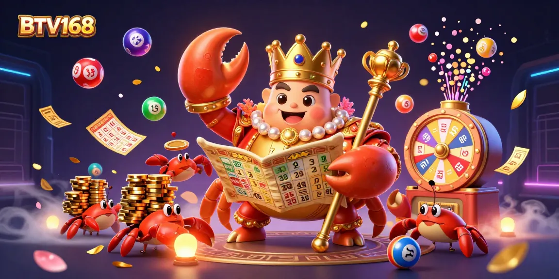 Engage in thrilling lottery action with BTV168's vibrant 3D casino illustration featuring a golden crab emperor.