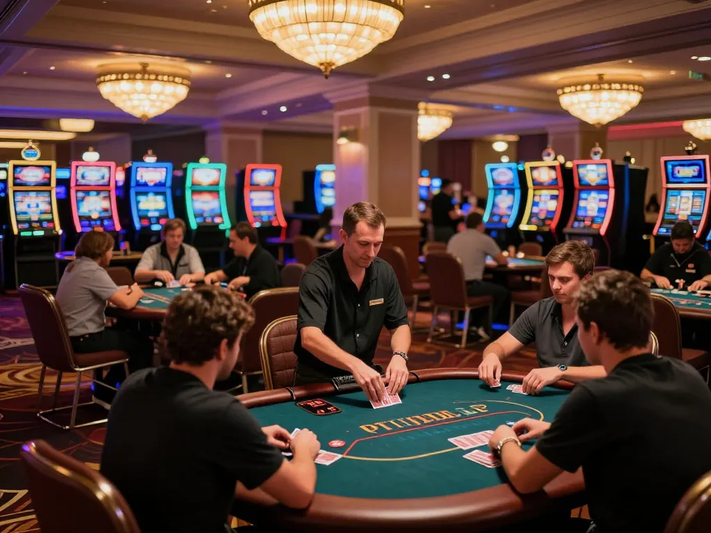 Players enjoying poker at an upscale casino featuring Website 79king, with warm luxury lighting and vibrant atmosphere.