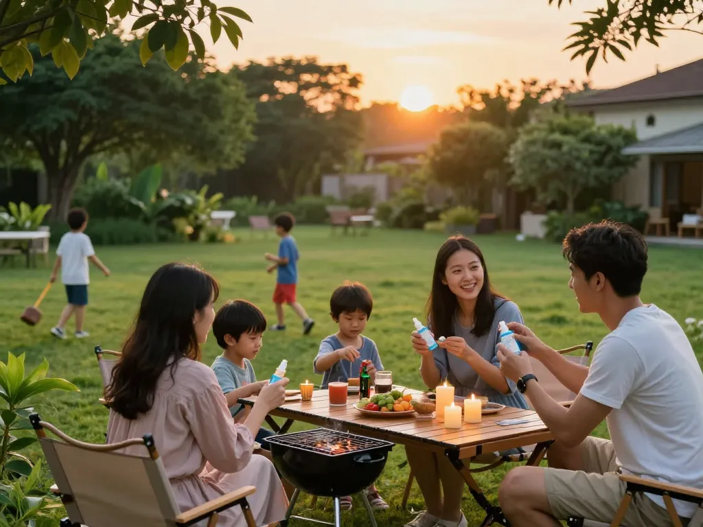 Family gathering outdoors applying the best mosquito repellent at sunset.