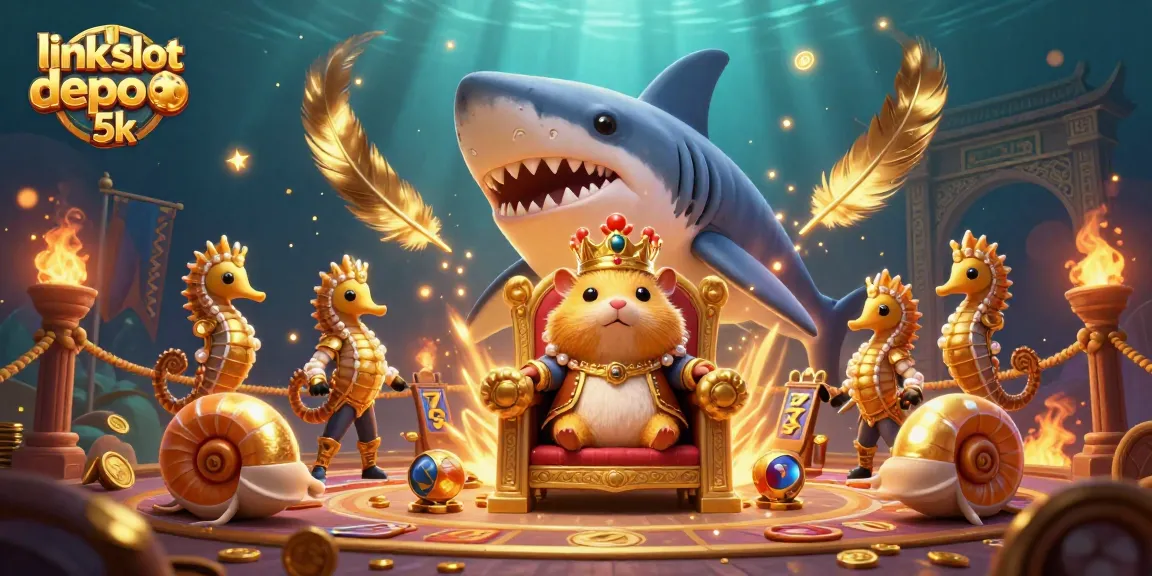 Join the action with link slot depo 5k, showcasing a tiny golden hamster king ruling a vibrant casino arena.