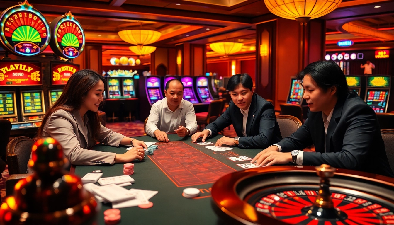 Engaging casino scene at trang chủ thabet with poker players, chips, and vibrant slot machines.