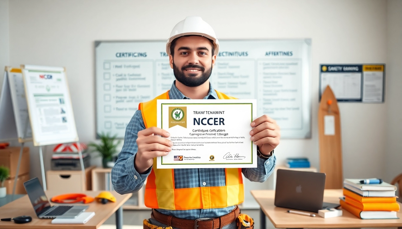 NCCER certification held by a confident construction worker in a bright office environment.