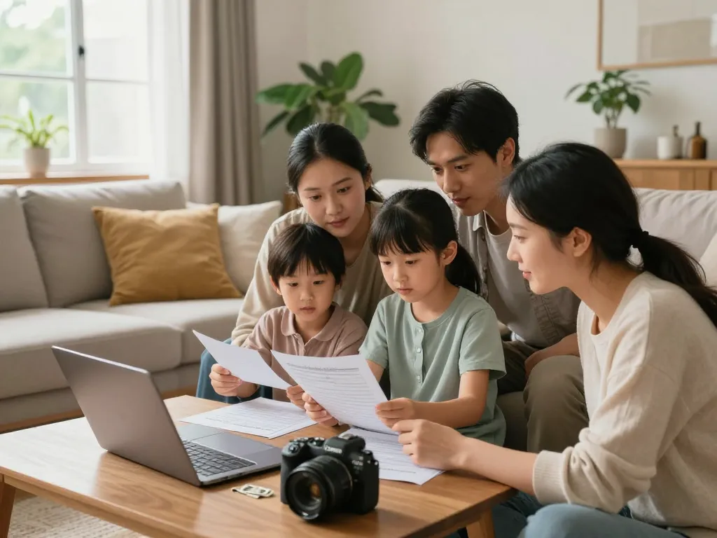 Family discussing options to sell my house today with cash offer documents in a cozy living room.