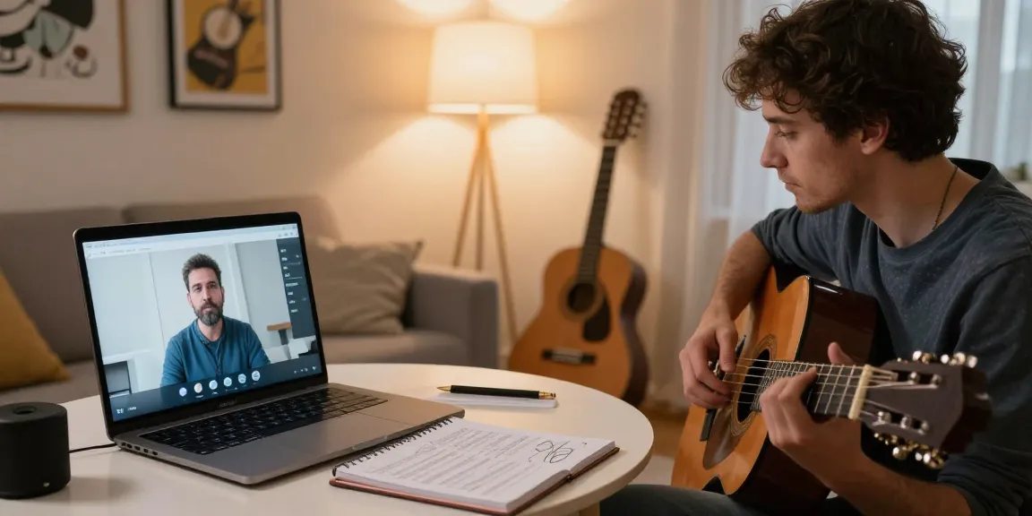 Engaging Zoom Guitar Lessons at home, guitarist learning with instructor online.