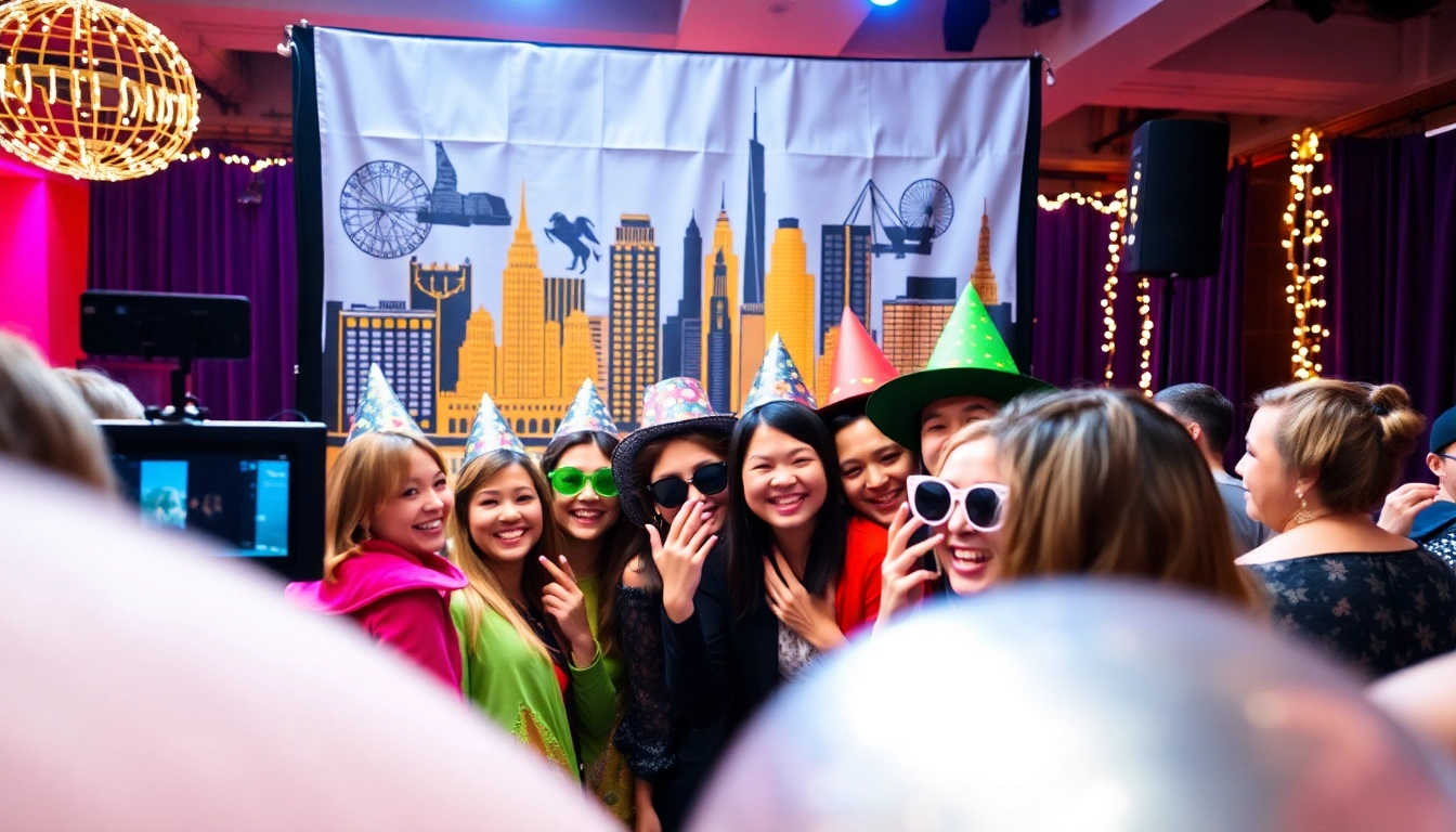 Guests enjoying a lively photo booth chicago experience with fun props and vibrant backdrops.