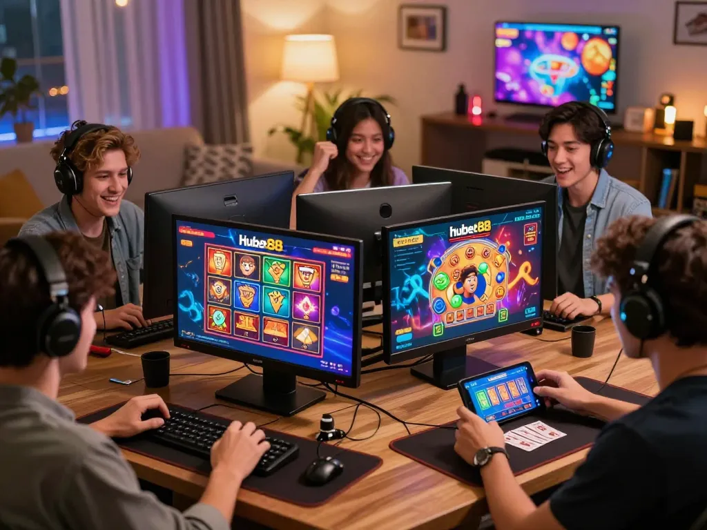 Exciting players enjoying casino hubet88 games on various devices, capturing vibrant gaming atmosphere.