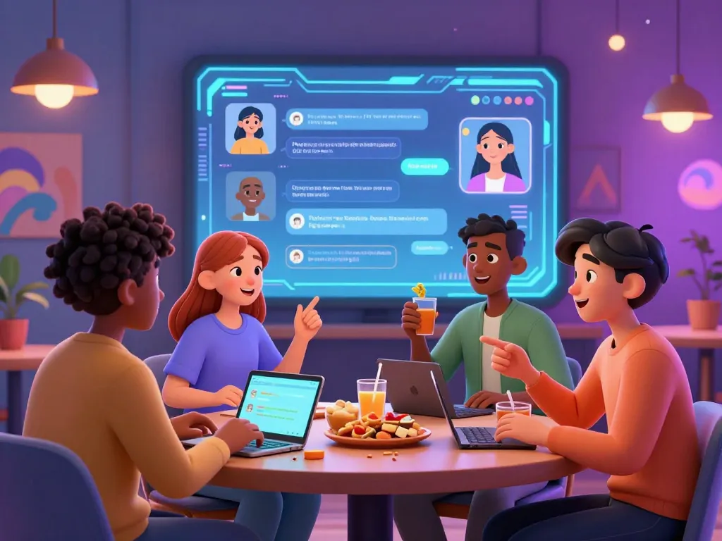 Engaging spicy chat scene with animated characters in a vibrant virtual lounge.