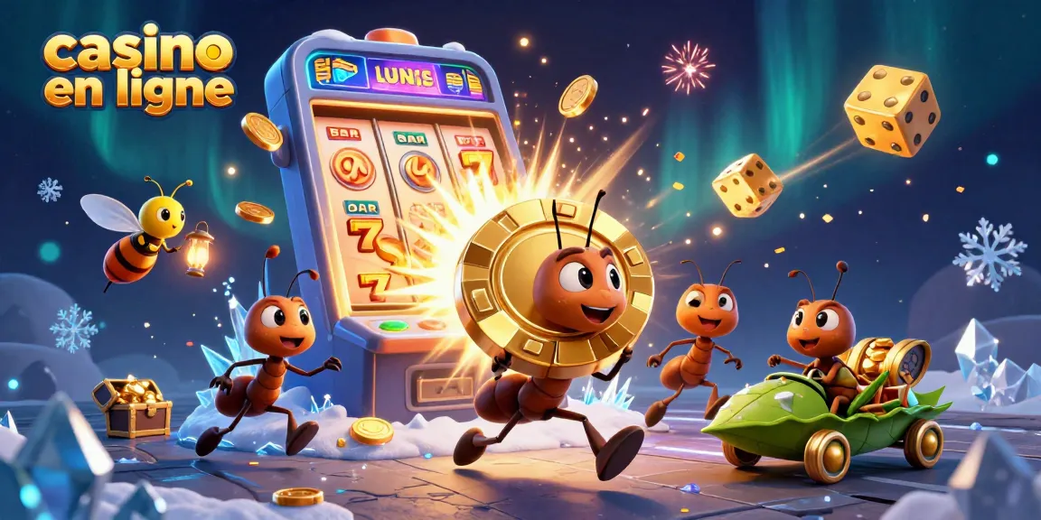 Des fourmis transportent un jeton de poker doré dans un casino en ligne rempli de jackpots.