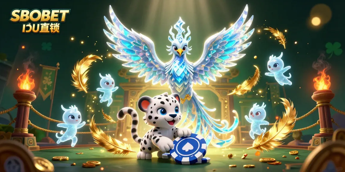 Experience the thrill of SBOBET เว็บตรง with an ice phoenix and snow leopard in a vibrant casino-themed scene.