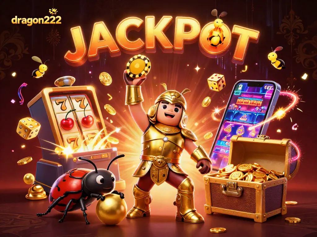 Engage in thrilling gaming excitement with dragon222 as a cartoon beetle lifts a poker chip in victory.