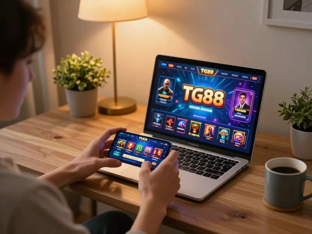 Engaging with the TG88 casino app on a smartphone while enjoying a cozy gaming atmosphere.