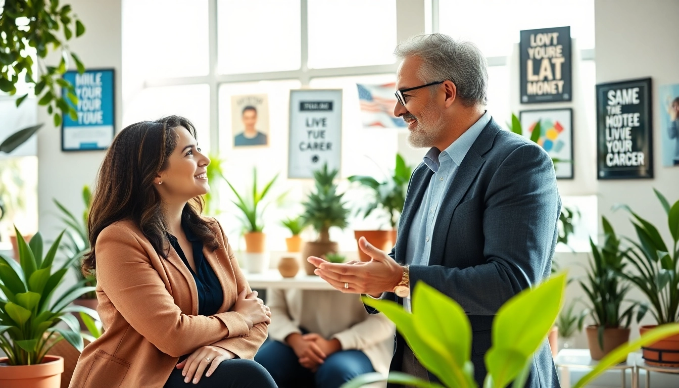 Find my true calling illustrated with a career coach assisting a client in a bright, inspiring office.