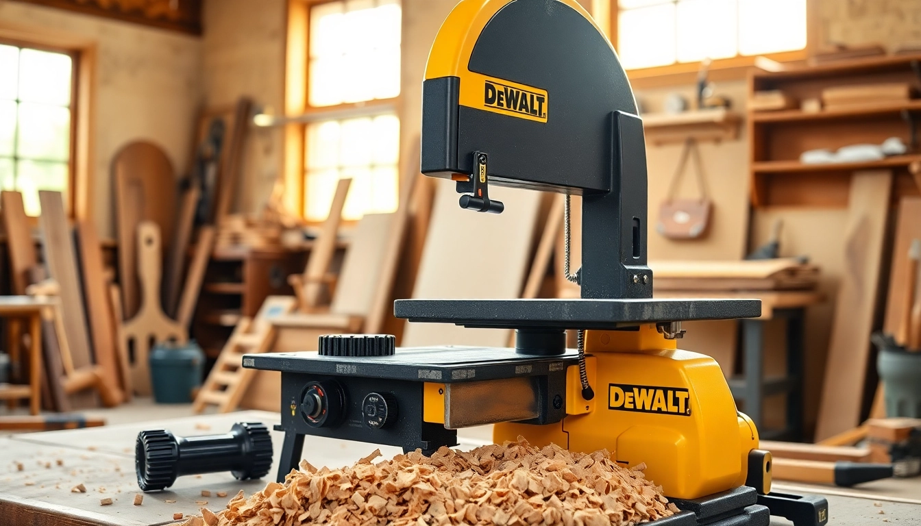 Cutting precision with the DeWalt band saw in a busy workshop.