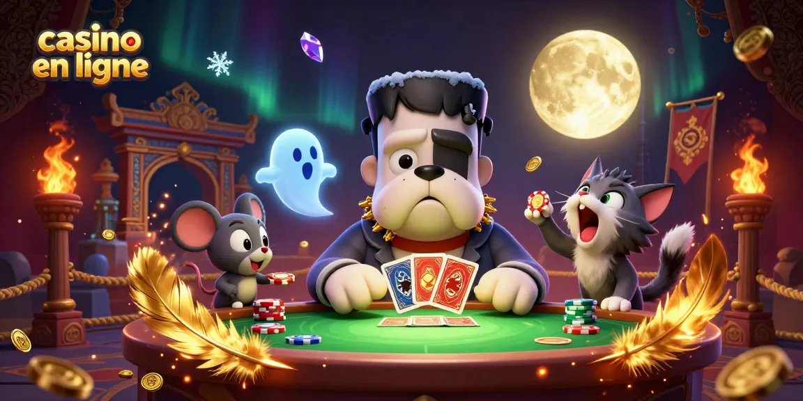 Visuel captivant d'un casino en ligne avec un bulldog monstre et un chaton loup jouant aux cartes, ambiance mystérieuse.