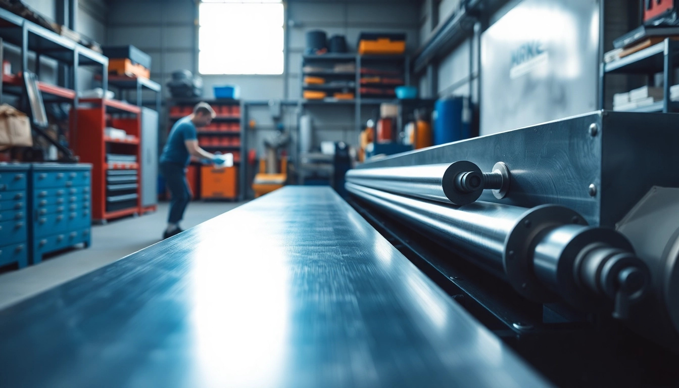 Technician operating a plate rolling machine in a professional workshop setting.