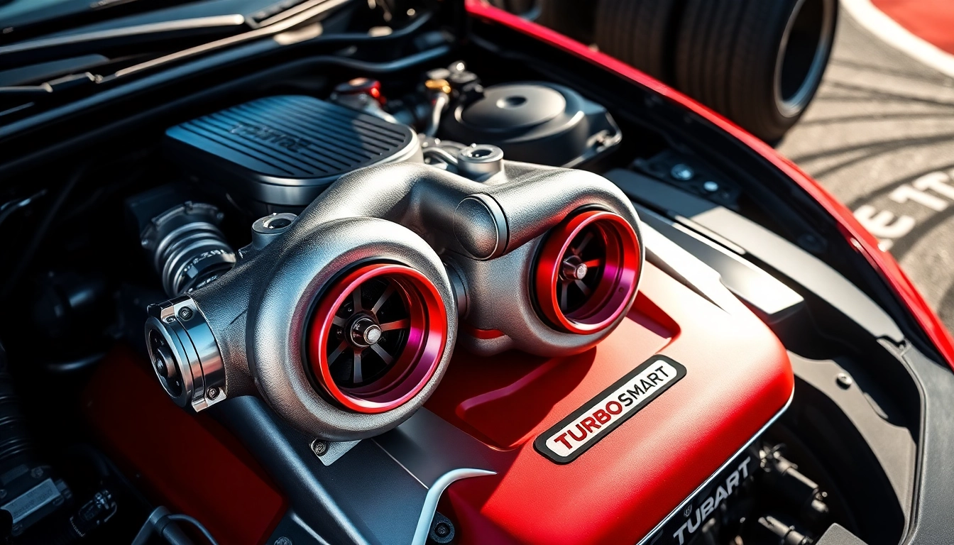 Turbosmart racing turbos showcased in a vibrant automotive environment enhance vehicle performance.