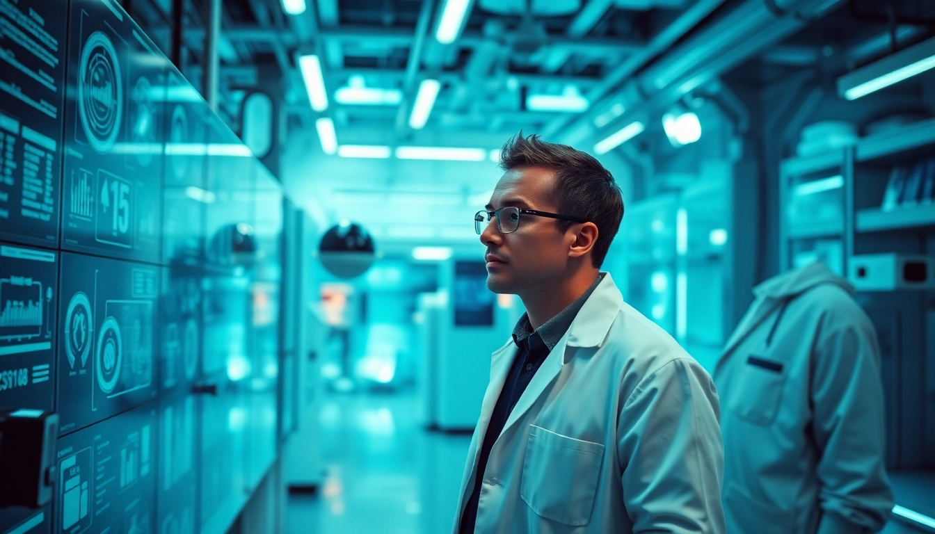 Image to prompt generating detailed descriptions in a high-tech lab environment.