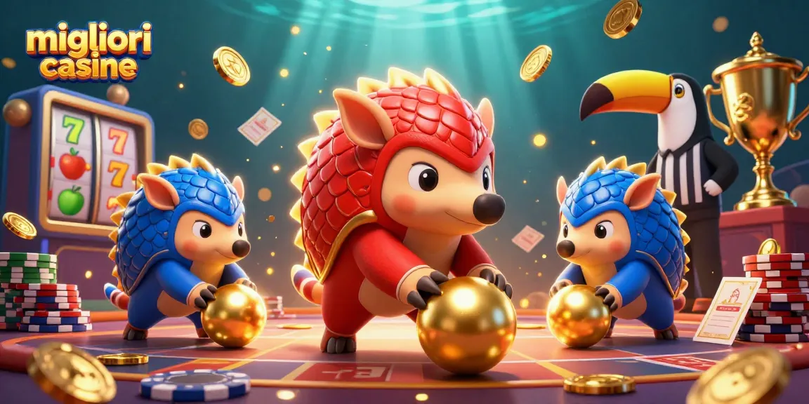 Scopri i migliori casino online con divertenti pangolini in un'illustrazione vivace e dettagliata, tra giochi e premi scintillanti.