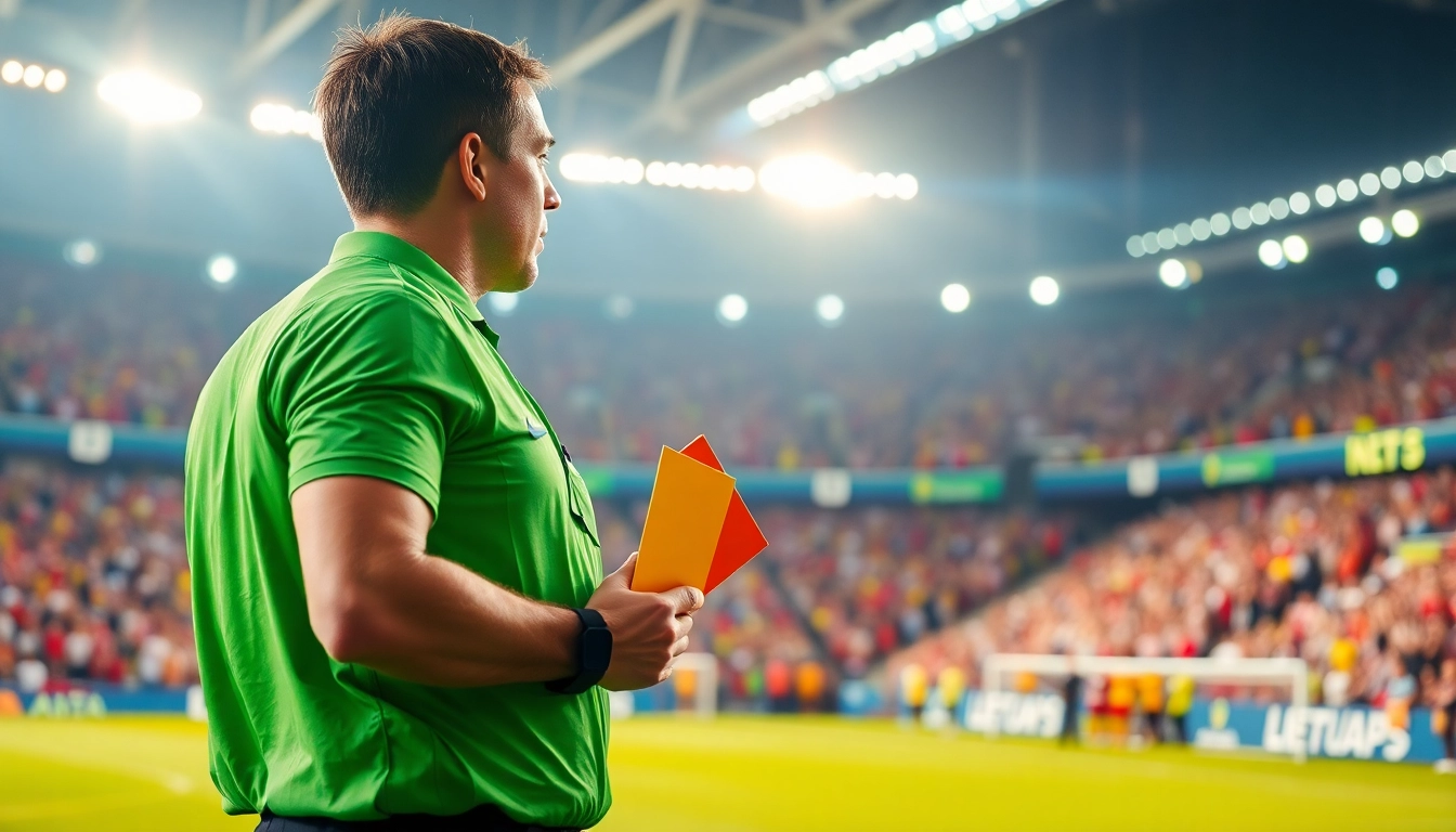 Engaging scene showcasing FIFA World Cup betting excitement with a referee in a vibrant stadium.