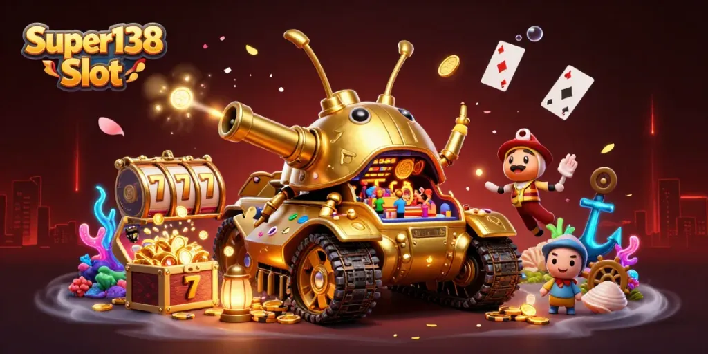 Engage with Super138 Slot's vibrant casino scene featuring a golden beetle tank, slot reels, and treasures.