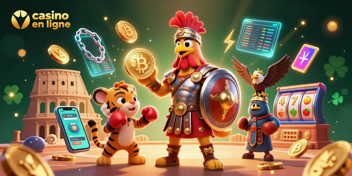 Scène dynamique représentative du casino en ligne avec un coq gladiateur, symboles de jeu et pièces crypto.