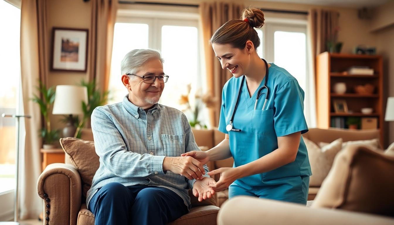 Engaging caregiver providing at home senior care to an elderly person in a serene environment.