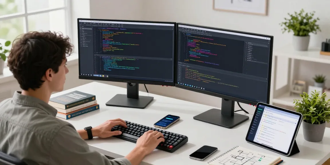 Developer coding at a modern workspace with dual monitors, showcasing 纸飞机中文版 for efficient digital communication.