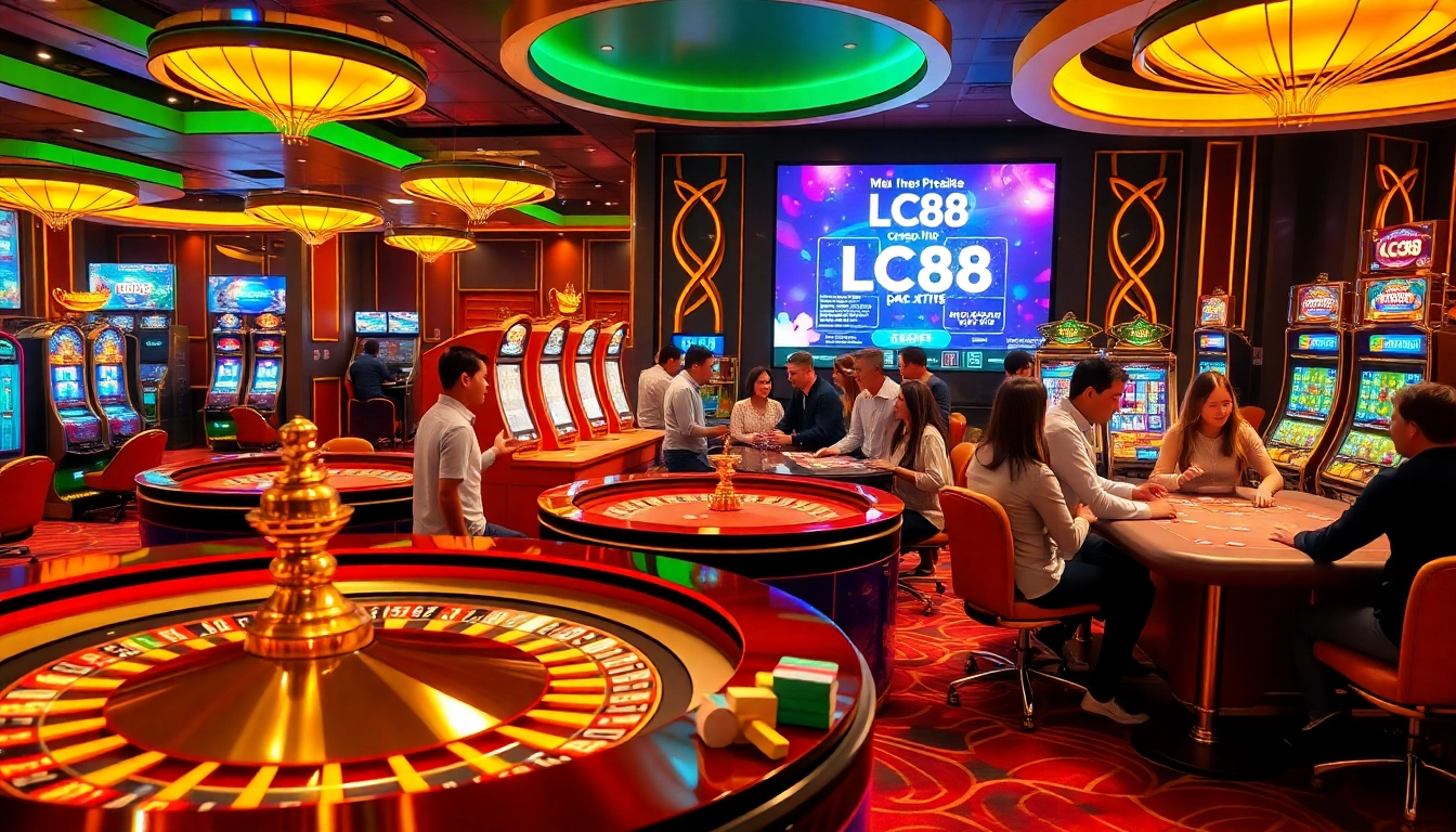 Players celebrating wins at LC88 casino tables with vibrant chips and cards, showcasing excitement in online gambling.