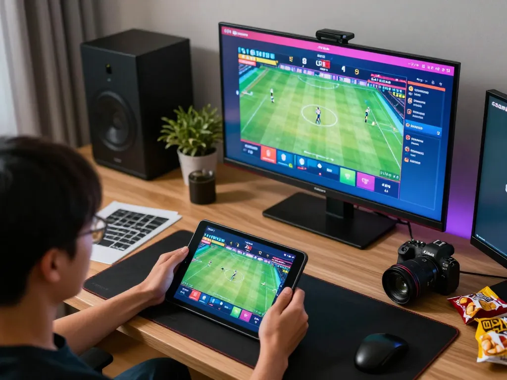 Interactive sports betting experience on trang chủ dn88 with user engaged on tablet amid organized gaming setup