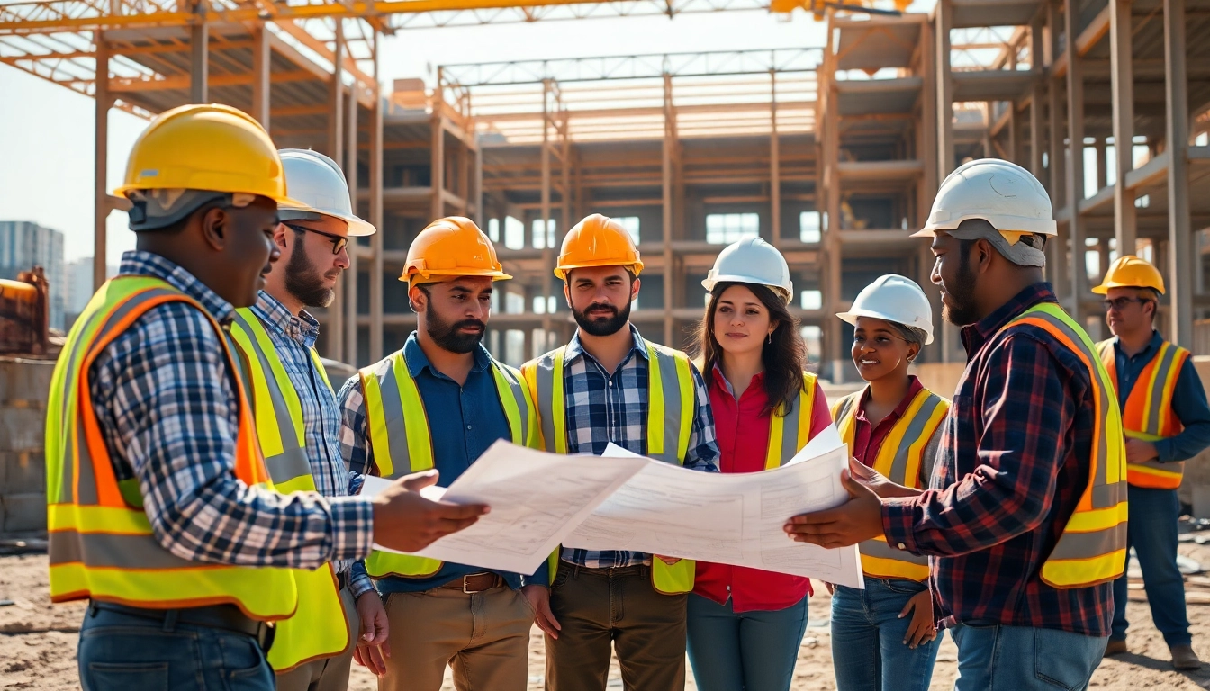 Engaged workers from the construction association North Carolina collaborating on a project blueprint.